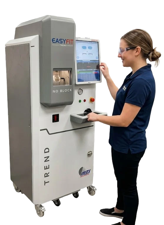 Woman operating lens-making equipment in an optical lab
