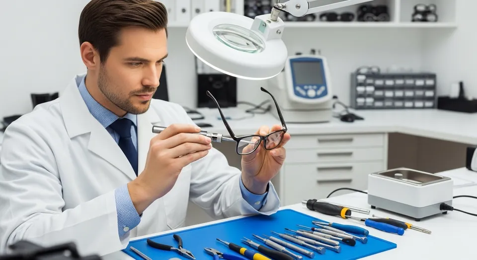Illustrative optician inspecting eyeglasses at a workbench